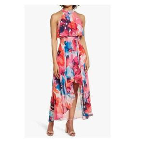 Eliza J. Floral Halter Neck Chiffon Hi-Low Maxi Dress Pink Fit & Flare Size 18
